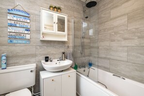 Hair dryer, towels, soap, toilet paper