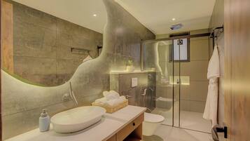 Shower, eco-friendly toiletries, towels, soap