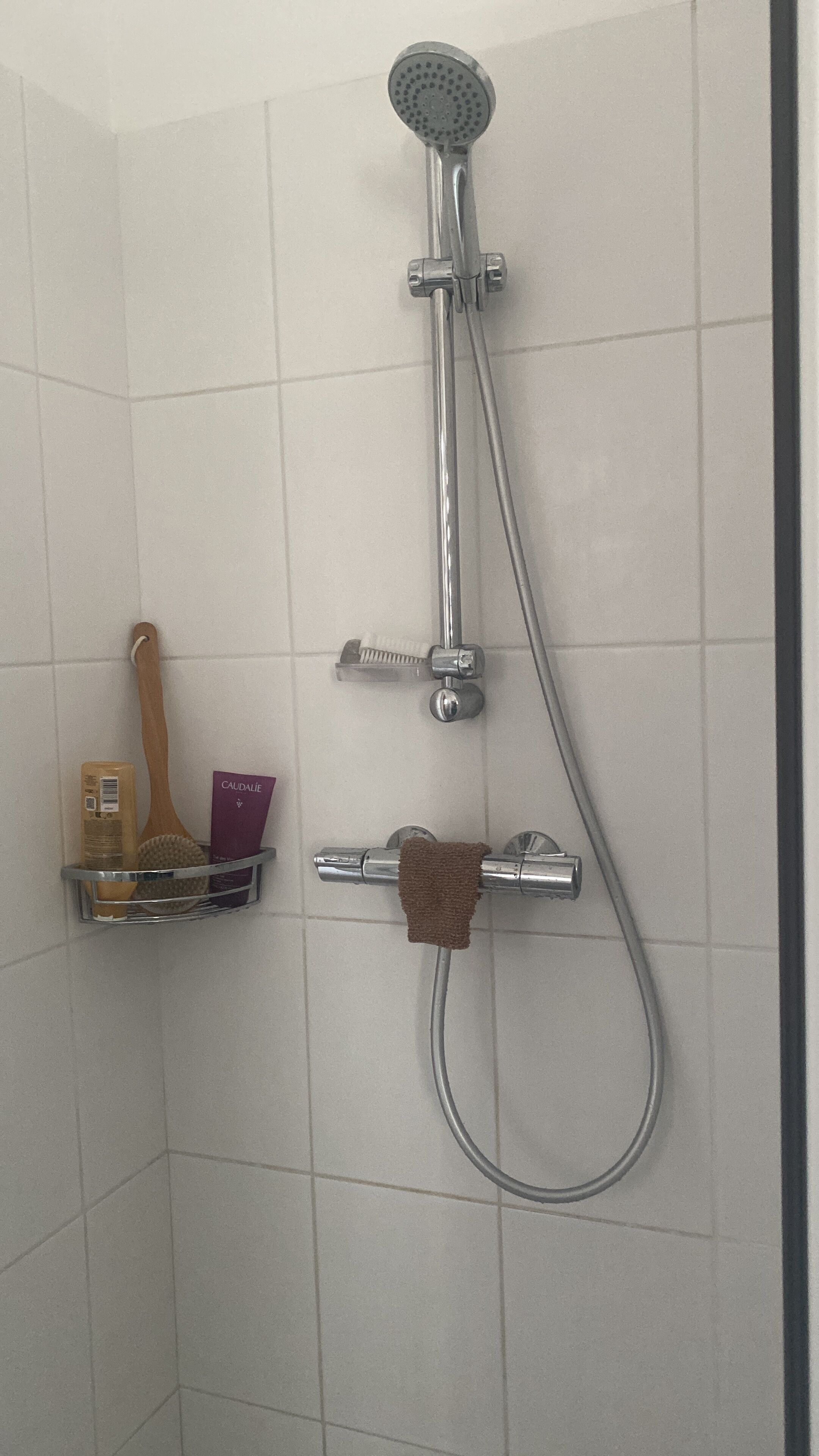 Een douche met douchekop, borstel en handdoekhouder.