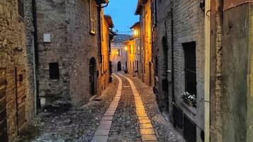 Una estrecha calle adoquinada bordeada por edificios históricos de piedra con arcos y ventanas pequeñas.