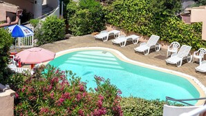 Une piscine dotée de chaises longues et d’un espace abrité, entourée de verdure et d’un bâtiment.
