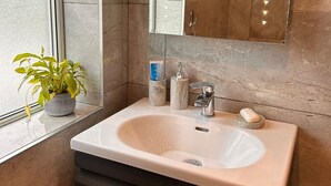 Une salle de bain avec un grand miroir, un lavabo et une plante en pot.