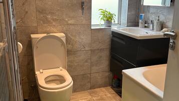 Hair dryer, towels, soap, shampoo