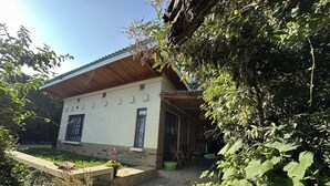 Une maison avec un escalier en pierre menant à un porche en bois, entourée de verdure et sous un ciel dégagé.