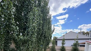 Un jardin avec une pelouse bien entretenue, une haie imposante et une clôture en bois.