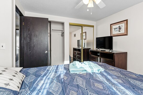 Un dormitorio con cama, armario, televisor y espejo.