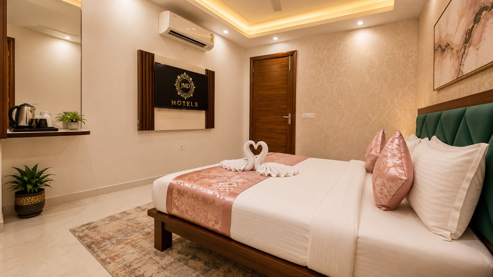 A hotel room with a bed, a wall-mounted air conditioner, a framed sign, a wooden door, and a green upholstered headboard.