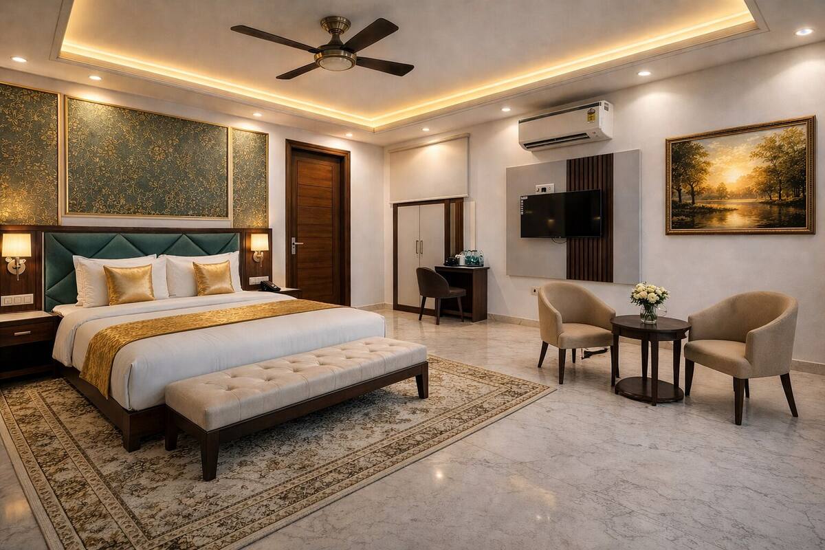 A modern hotel room with a large bed, a desk, two chairs, a ceiling fan, an air conditioning unit, and a painting on the wall.