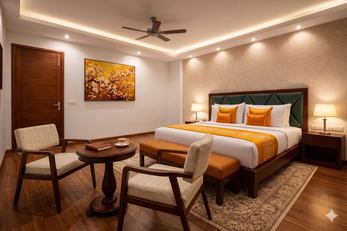 A hotel room with a bed, two chairs, a small table, a ceiling fan, and a painting on the wall.