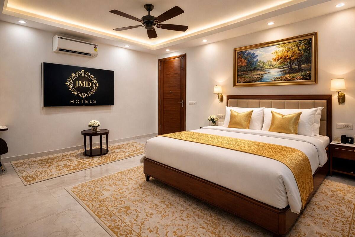A hotel room with a large bed, a ceiling fan, a painting, a TV, and a small table with flowers.