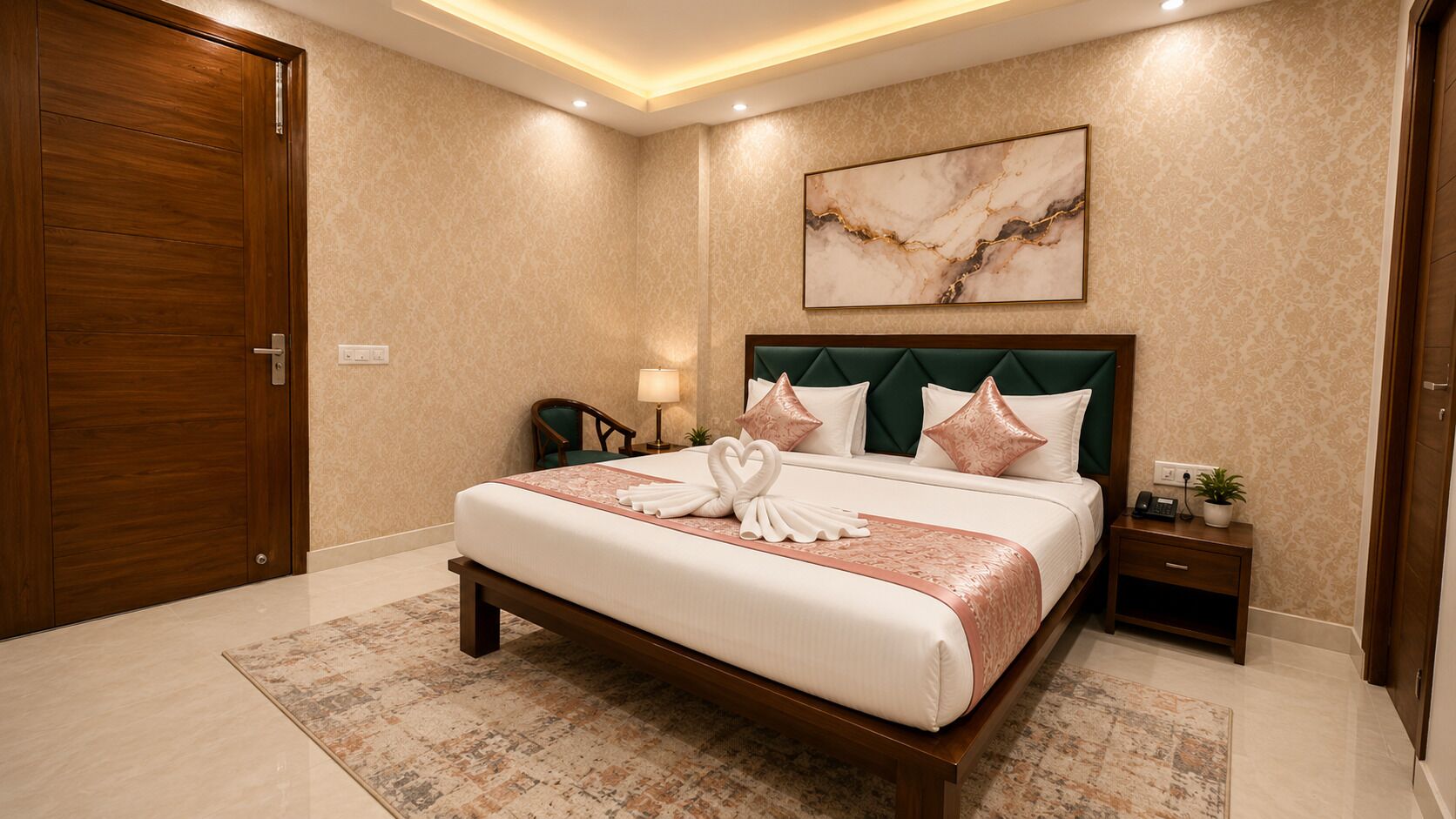 A hotel room with a large bed, a headboard, a bedside table with a lamp, a wall-mounted artwork, and a wooden door.