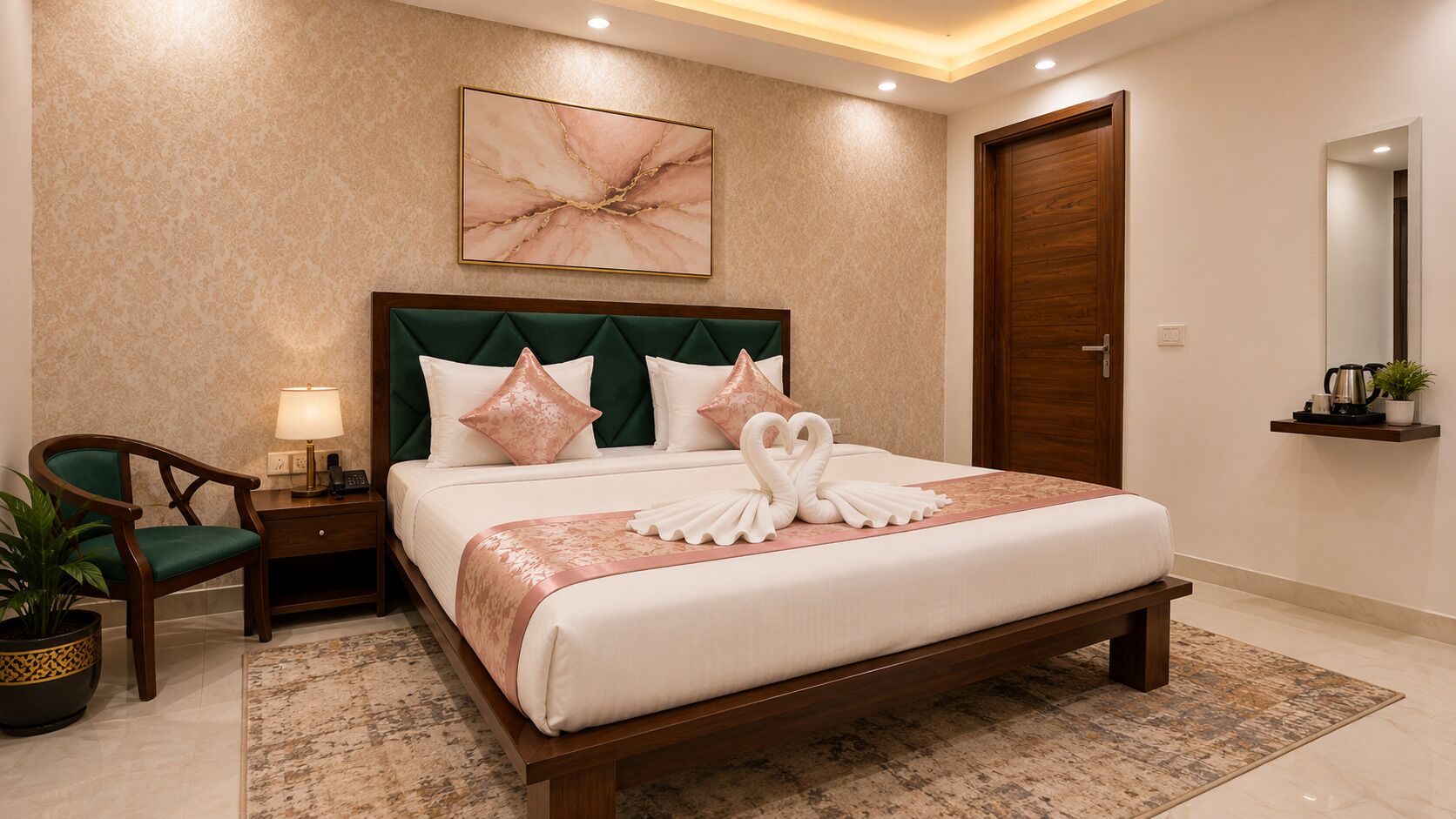 Une chambre d’hôtel comprenant un lit, une table de chevet, une chaise, une petite table de nuit avec une lampe, une œuvre d’art accrochée au mur, une porte en bois et une petite étagère avec une plante et une bouilloire.