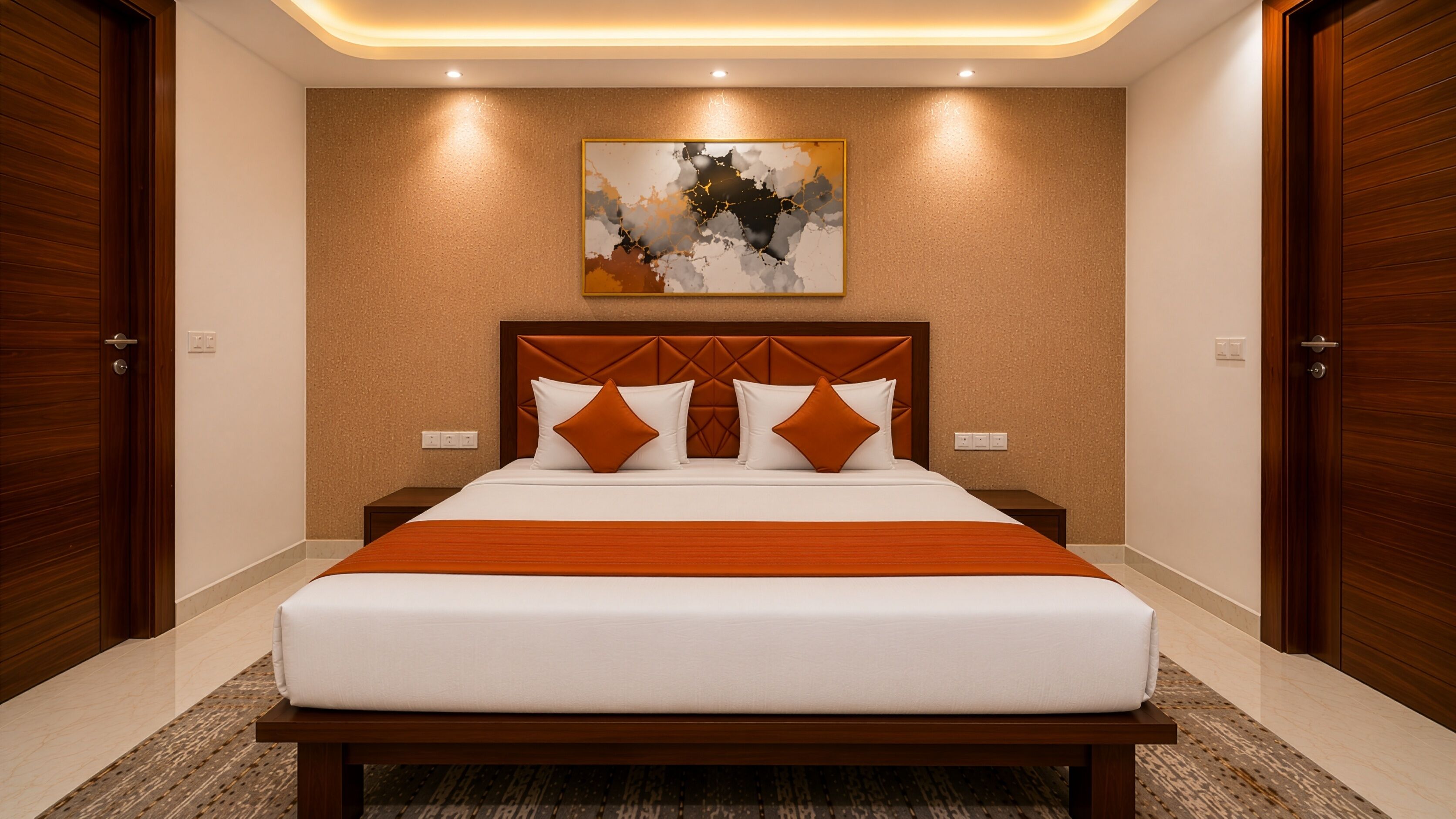 Quarto moderno com uma cama grande, cabeceira de madeira e um quadro na parede.