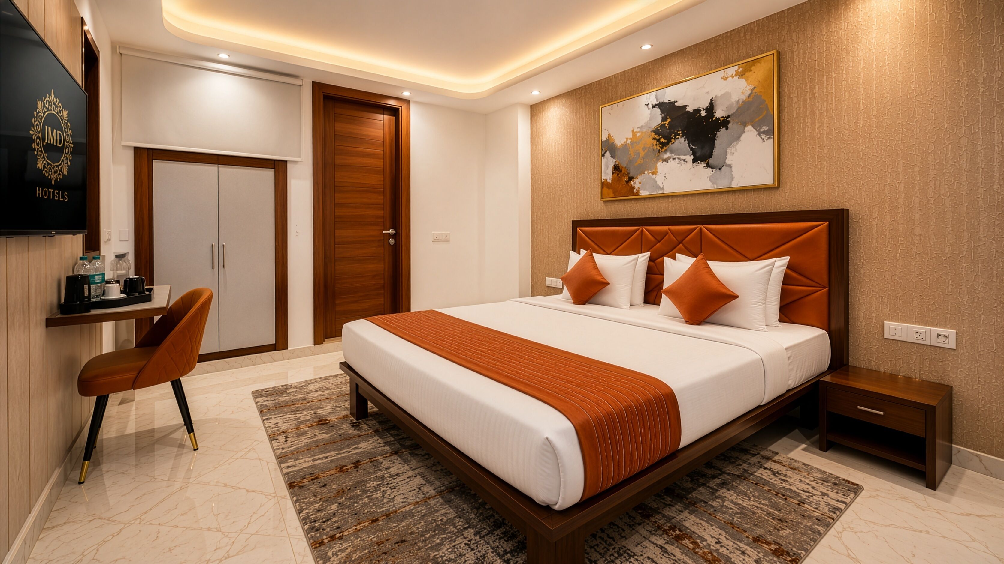 A hotel room with a large bed, a desk with a chair, a TV, and a painting on the wall.