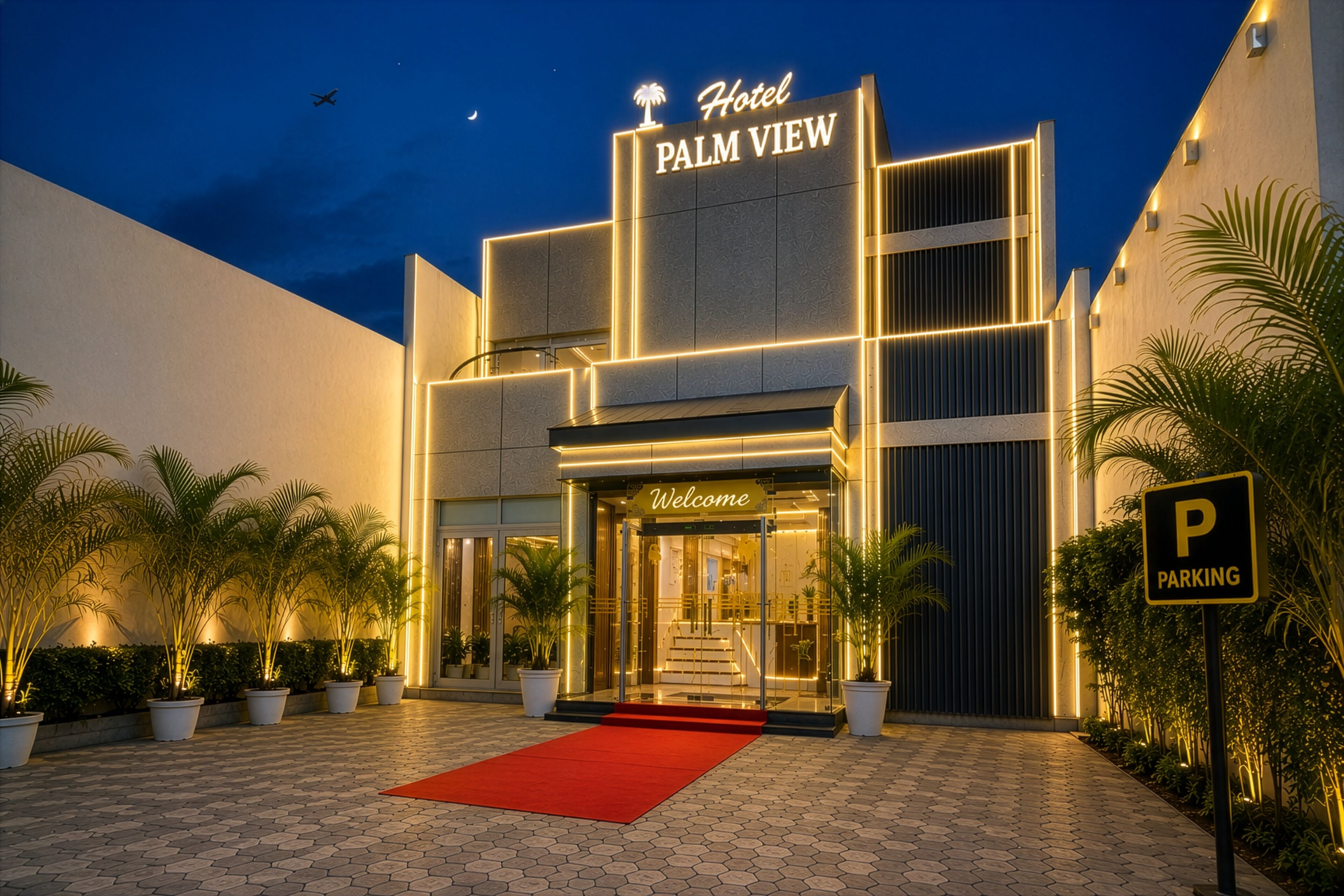 A hotel entrance with a red carpet, palm trees, and a sign indicating parking.