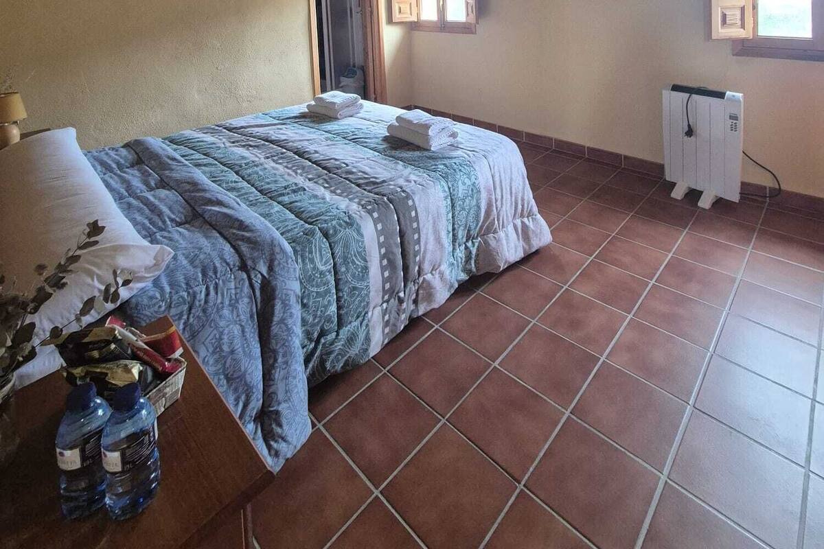 A bedroom with a bed, a radiator, and a window.
