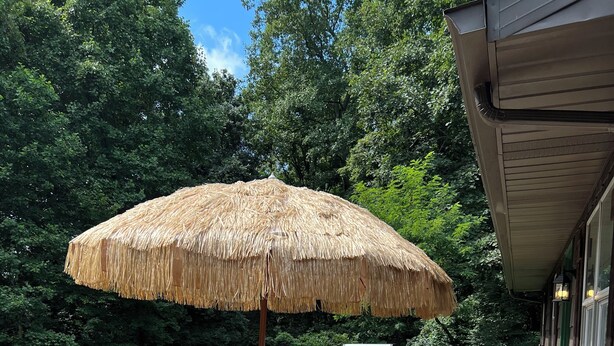Une terrasse en bois avec une table et des chaises en verre, un parasol en chaume et un barbecue.