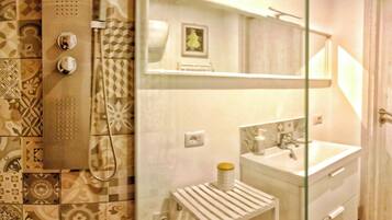 Hair dryer, bidet, towels, soap