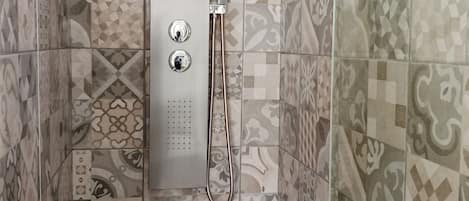 Hair dryer, bidet, towels, soap