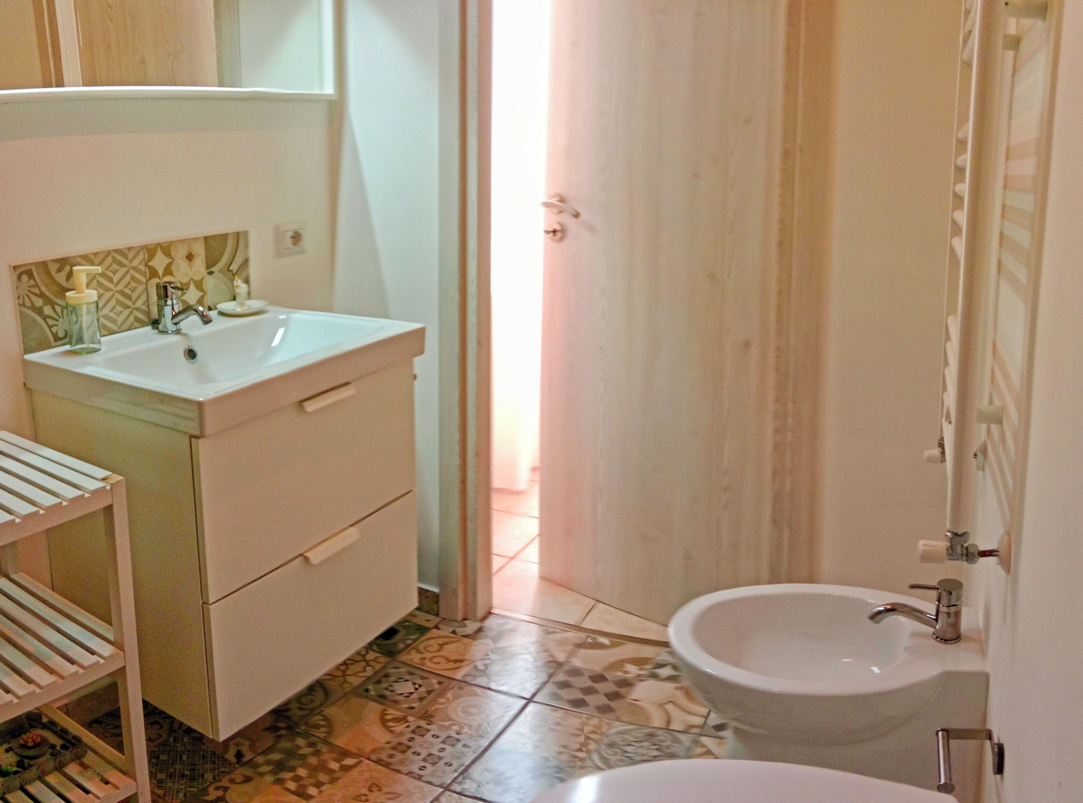 Hair dryer, bidet, towels, soap