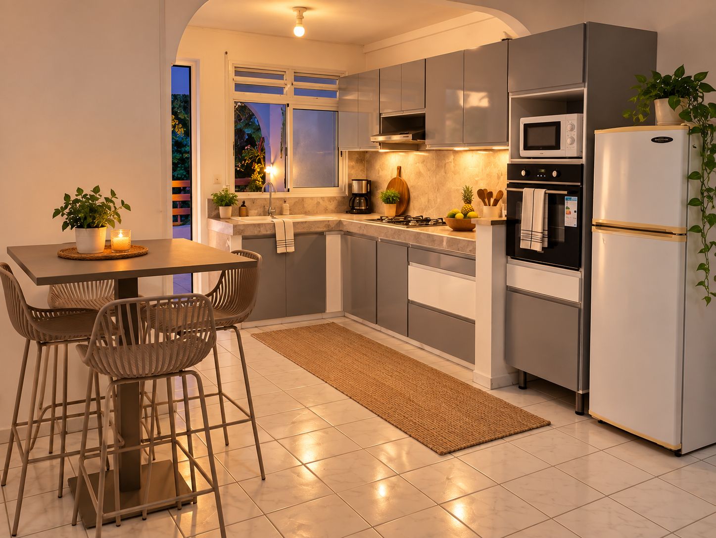 A modern kitchen with a dining area, featuring a stove, microwave, and refrigerator.