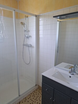 Regadera, secadora de cabello, toallas, jabón 