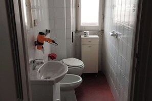 Een douche, een haardroger, een bidet, handdoeken