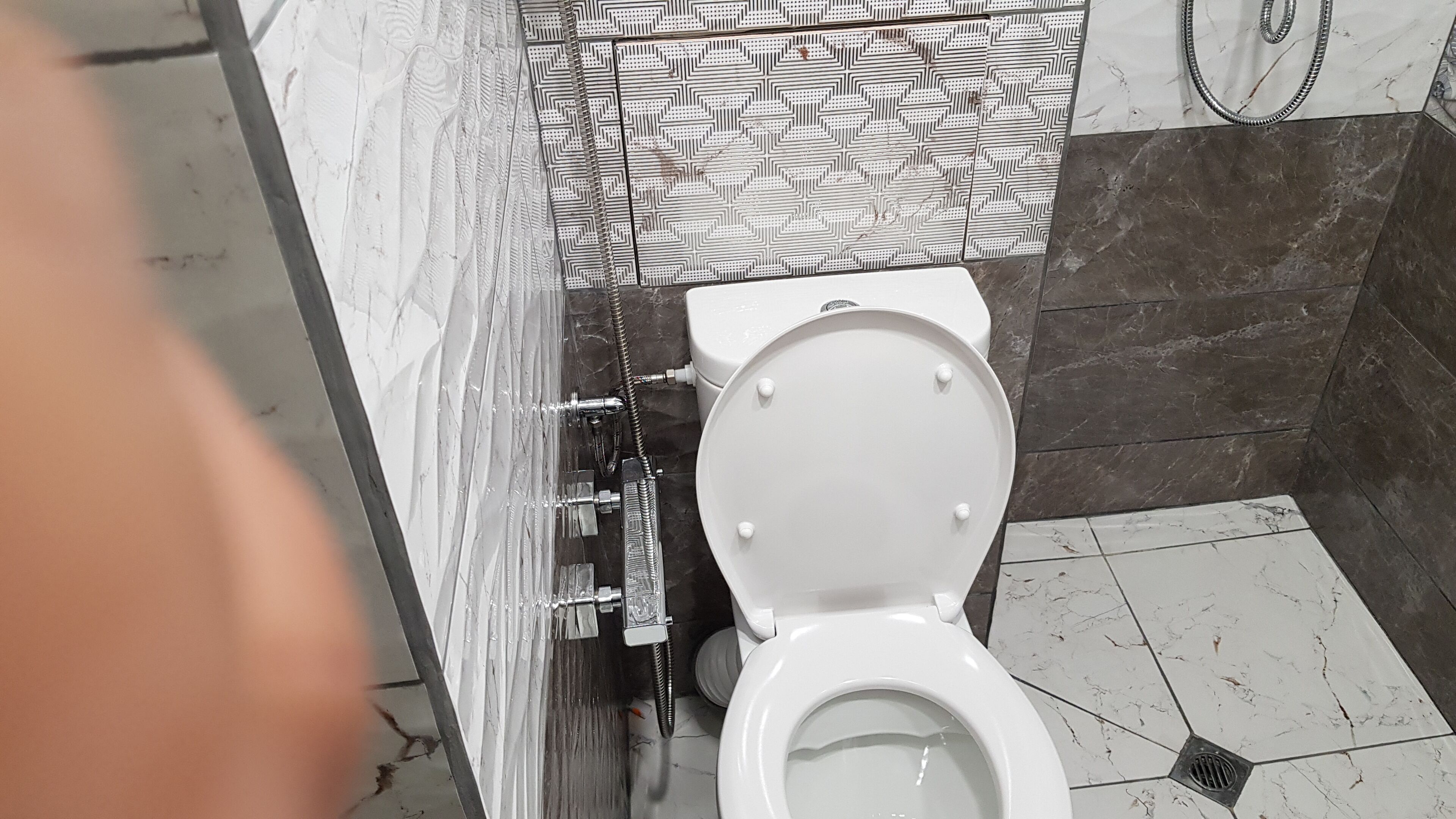 Une salle de bain avec des toilettes, une douche et un mur recouvert de carreaux décoratifs.