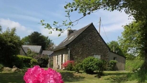 A stone house with a well-maintained lawn and blooming pink rhododendrons. - Traditional Breton Penty in the heart of Brittany... (Lanrivain)