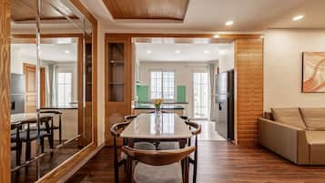 Luxury Apartment, City View | Private kitchen | Fridge, microwave, oven, stovetop