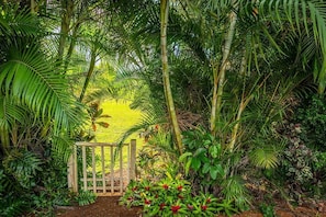 Un jardin luxuriant, avec un portail en bois qui mène à une pelouse jaune.