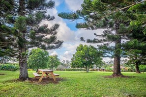 A picnic area with a wooden table and benches surrounded by trees.