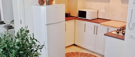 Frigorífico, microondas, placa de cocina y cafetera o tetera