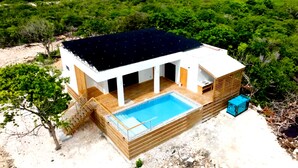 Une maison moderne avec une piscine, entourée de verdure.