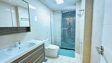 Douche, serviettes fournies, savon, papier toilette
