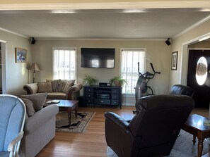 Smart TV, lareira, livros