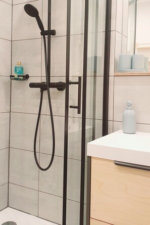 Bathroom features a glass-enclosed shower, handheld shower attachment, and a wooden cabinet.