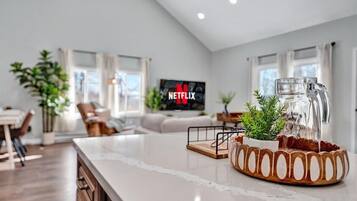 Smart TV, fireplace, video games, books