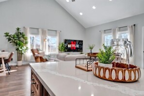 Smart TV, fireplace, video games, books