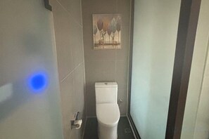 A bathroom with a toilet, a wall-mounted painting, and a door with a visible handle. - Lizun Select Hotel (Hebi Liyang Road Branch) (Hebi)