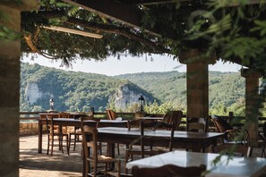 Un espace extérieur aménagé pour les repas, avec des tables et des chaises, offrant une vue sur une montagne boisée.