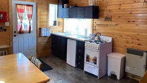 A wooden cabin with a kitchen featuring a stove, sink, and cabinets.