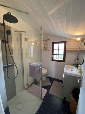 Chuveiro, banheira de hidromassagem, secador de cabelo, sabonete