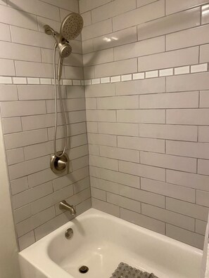 Hair dryer, towels, soap, shampoo