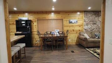Dining room table and coffee bar.