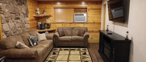 Smart-tv, eldstad, böcker och datorskärmar