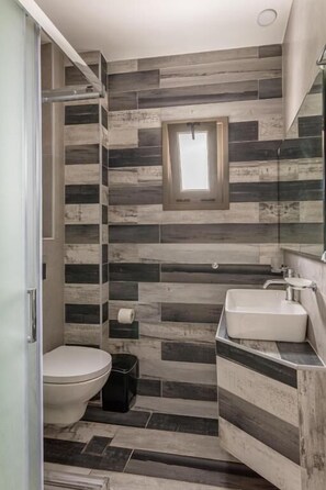 Uma casa de banho moderna com chuveiro, sanita e lavatório.