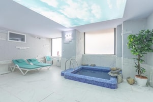 Een sauna, een bubbelbad, een stoombad, warm/mineraalwaterbronnen