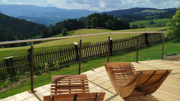 A wooden deck with seating, overlooking a vineyard and distant mountains under a partly cloudy sky. - Vacation home with panoramic sauna, free e-bike rental & space for 6 people! (Sankt Gertraud)