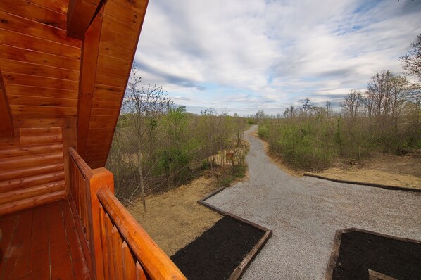 A wooden cabin with a gravel path leading to a natural landscape.